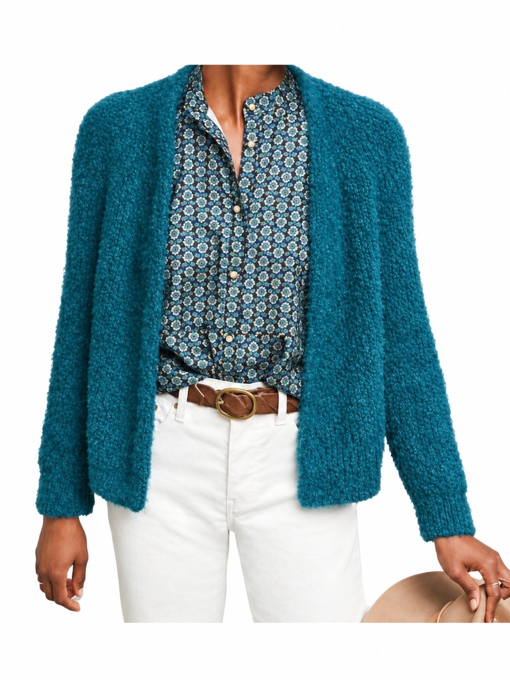 Anthropologie Teal Bouclé Open-Front Cardigan